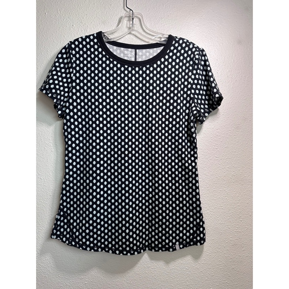 Talbots Womens Small Black White Geometric Diamond Short Sleeve Crew Tee